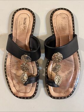 Black Slide Sandals with Gold Medallion Embellishments